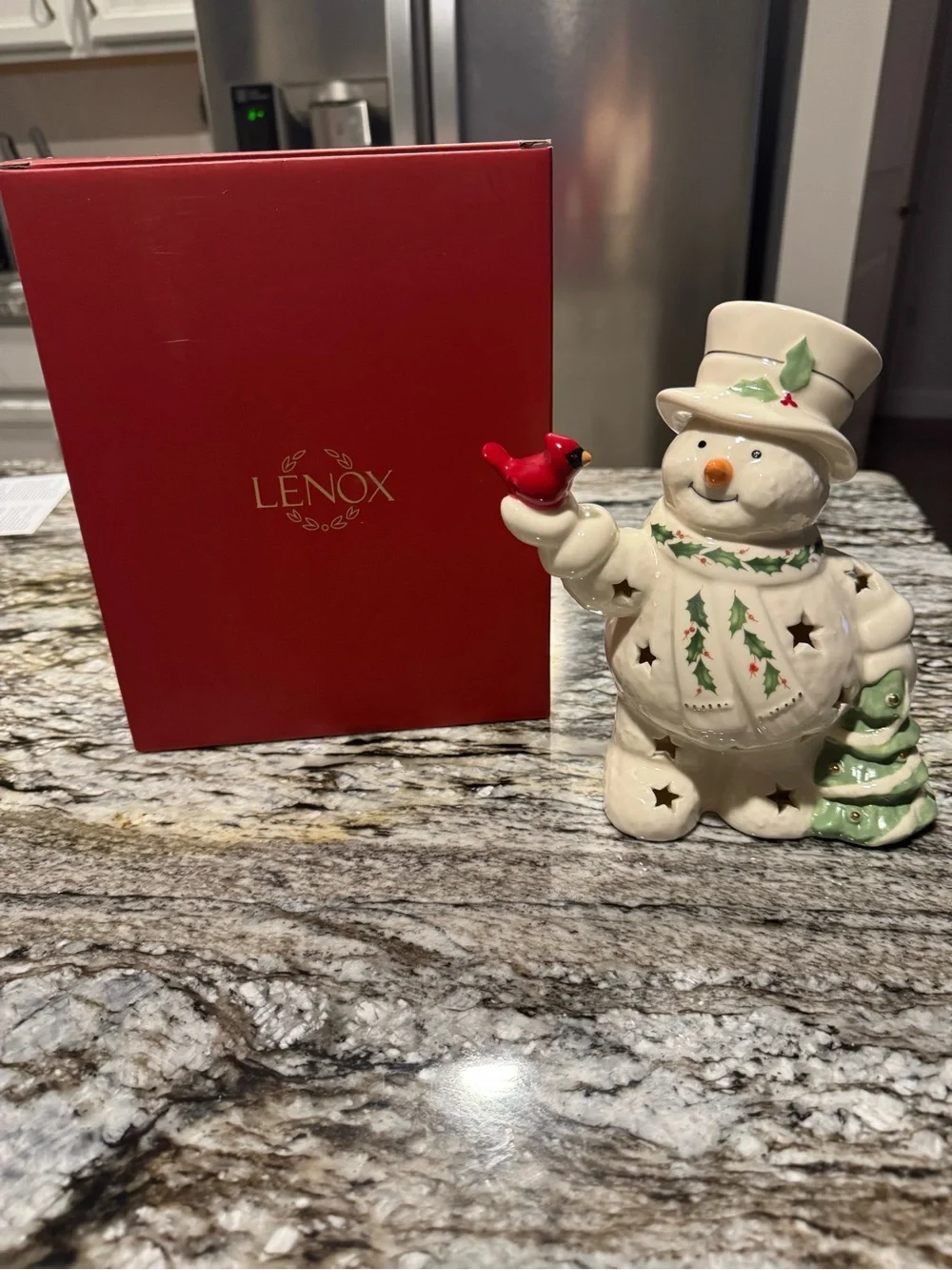 Lenox Festive Ceramic Snowman Figurine with Red Cardinal - Holiday Home Decor